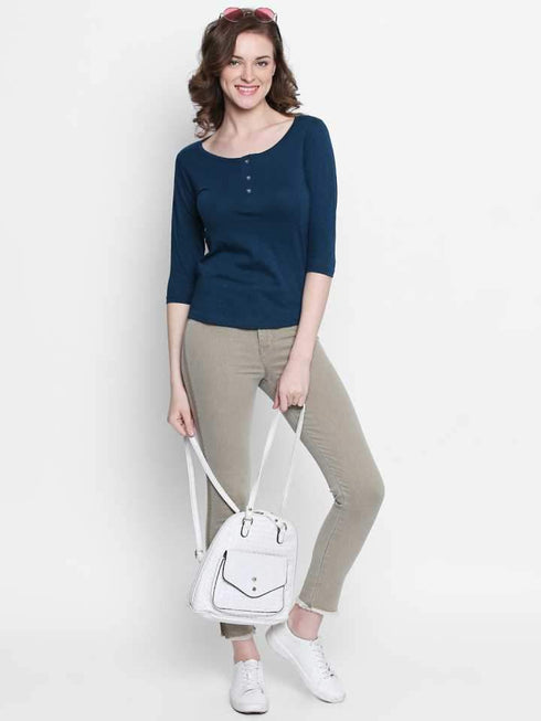 Women Navy Blue 3/4 Sleeves Henley T-Shirt